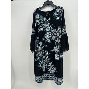 JM‎ Collection Womens 1X Floral Keyhole Bell Sleeve Shift Dress Black Teal New